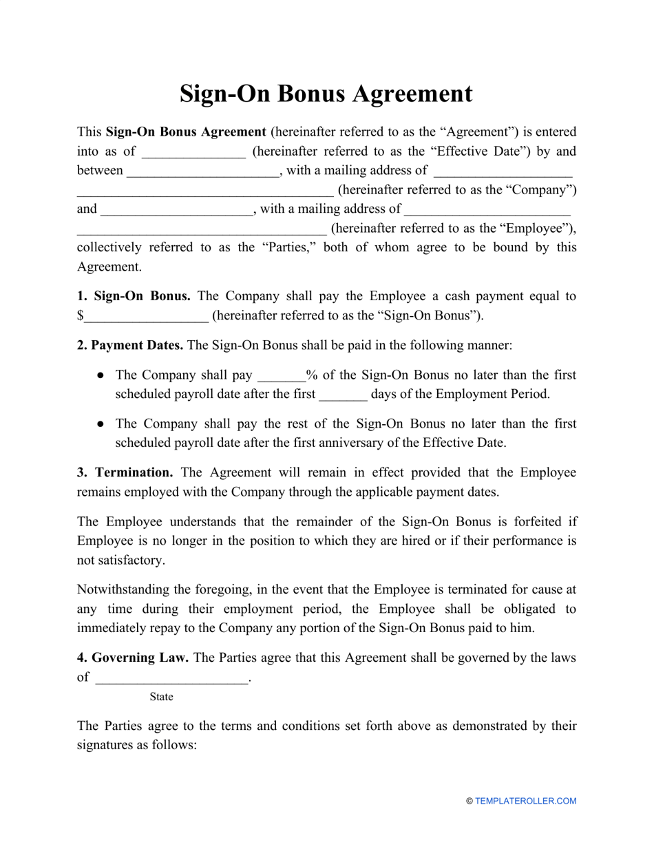 Sign-On Bonus Agreement Template, Page 1