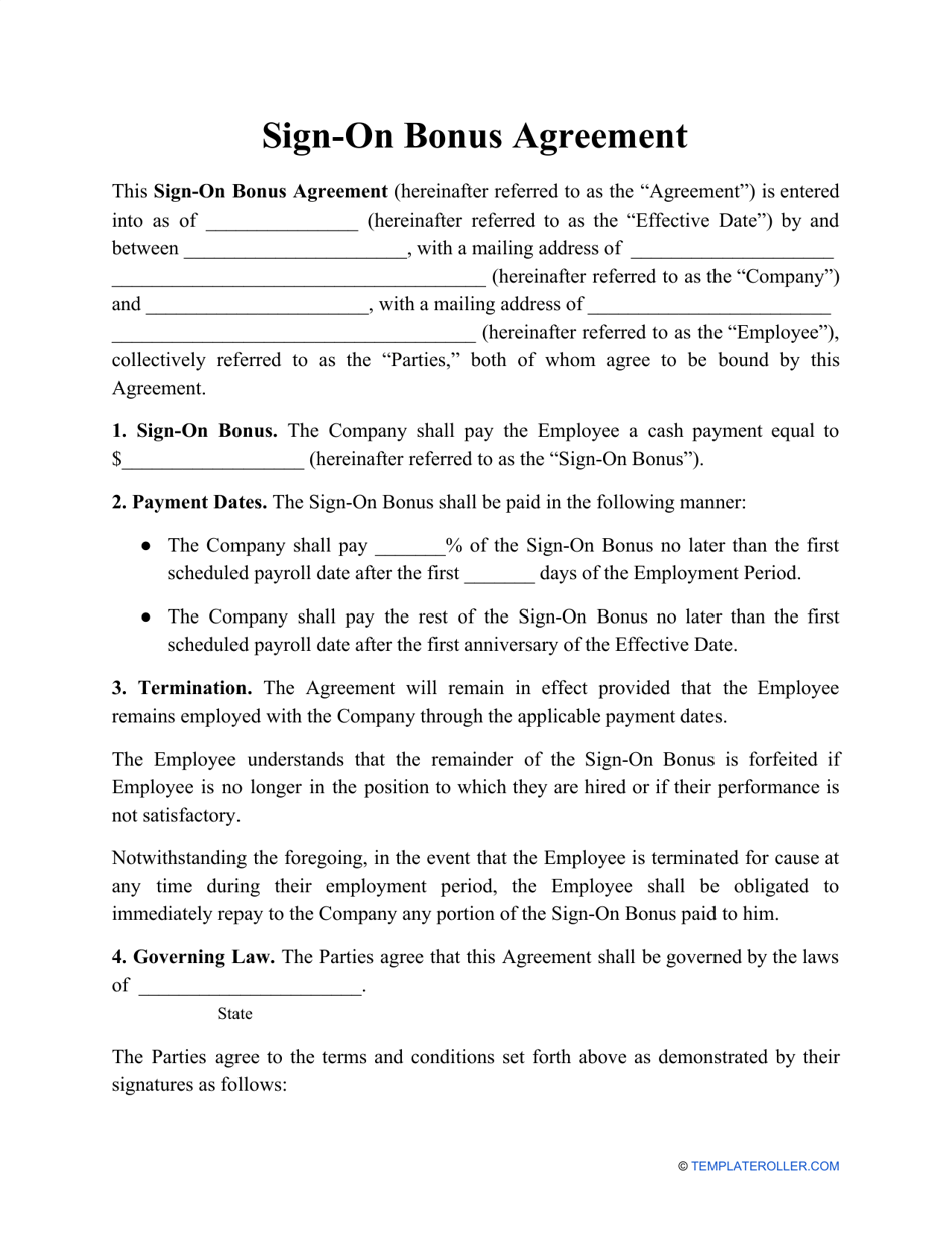 Sign On Bonus Agreement Template Fill Out Sign Online And Download Pdf Templateroller 9341