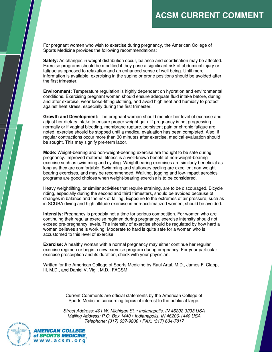 Acsm Current Comment: Exercise During Pregnancy - American College of Sports Medicine, Page 2