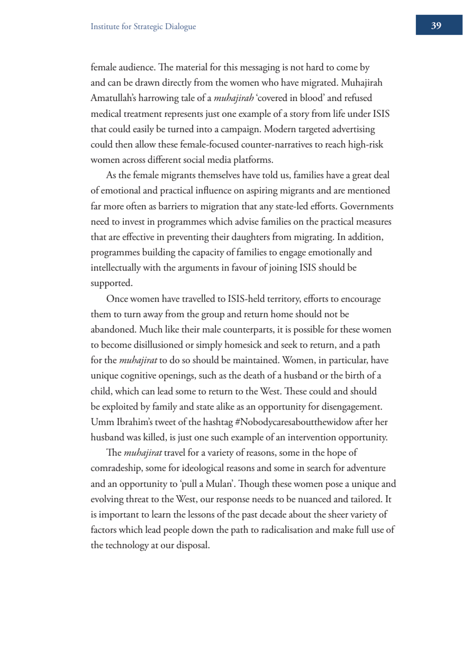 Becoming Mulan? Female Western Migrants to Isis - Carolyn Hoyle, Alexandra Bradford, Ross Frenett - Institute for Strategic Dialogue, Page 39