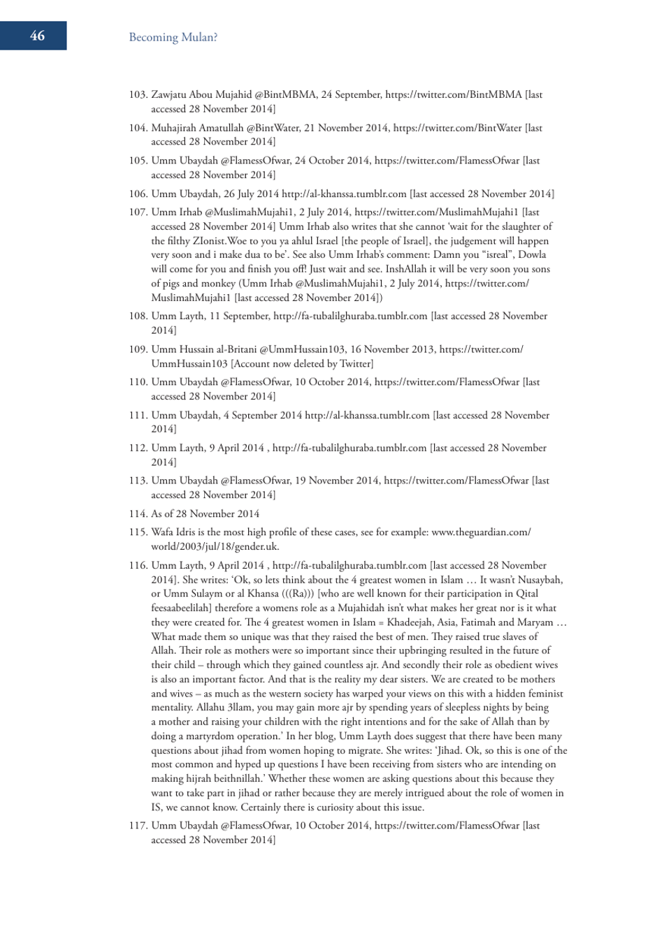 Becoming Mulan? Female Western Migrants to Isis - Carolyn Hoyle, Alexandra Bradford, Ross Frenett - Institute for Strategic Dialogue, Page 46