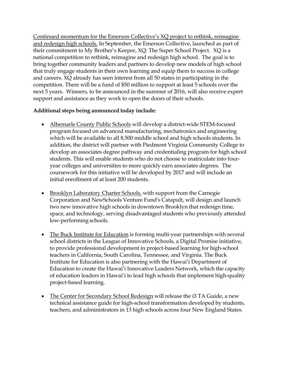Fact Sheet: Obama Administration Announces More Than $375 Million in Public and Private Support for Next-Generation High Schools, Page 15
