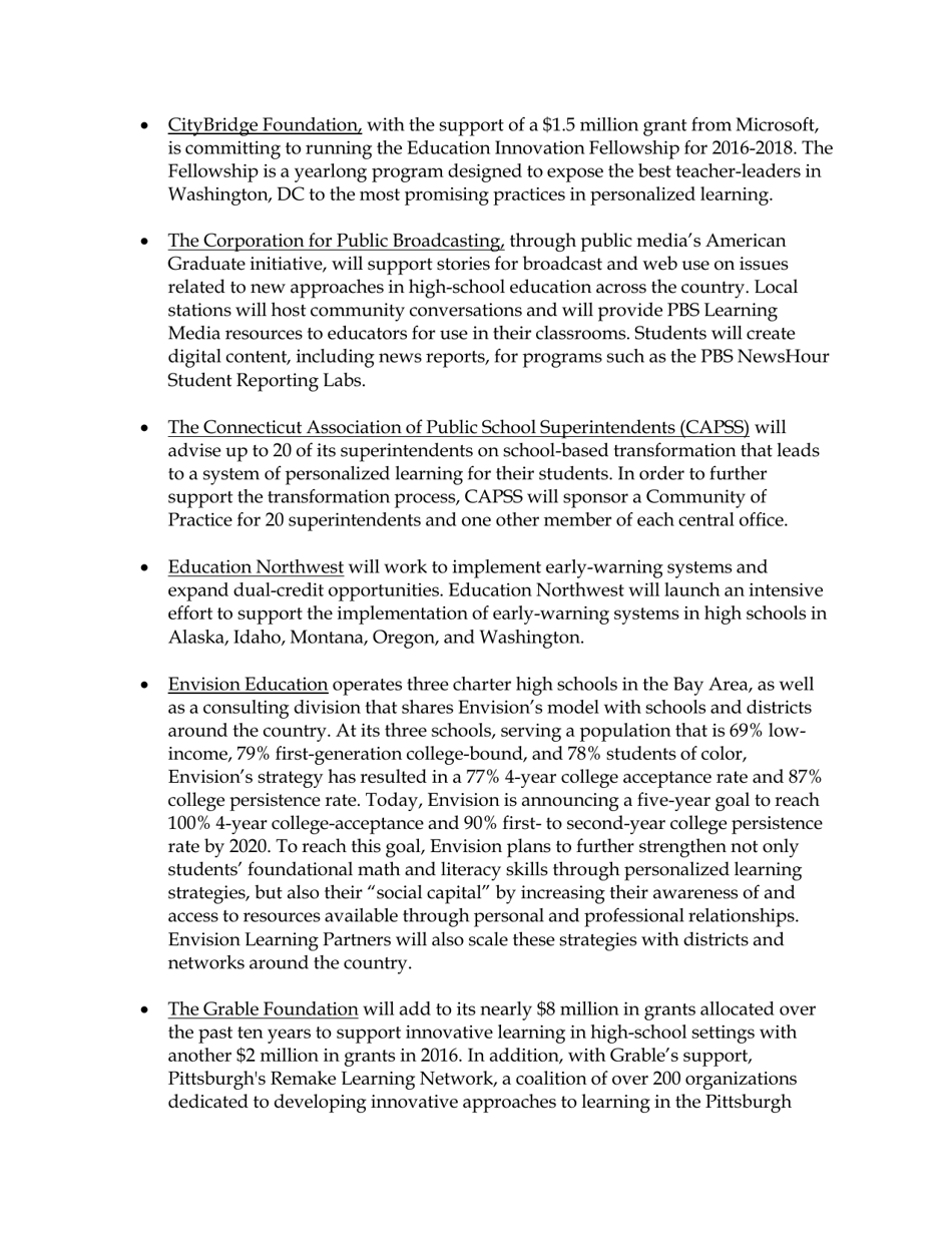 Fact Sheet: Obama Administration Announces More Than $375 Million in Public and Private Support for Next-Generation High Schools, Page 16