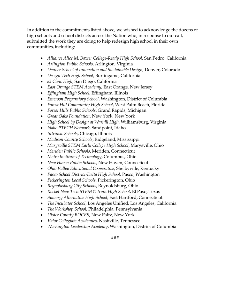 Fact Sheet: Obama Administration Announces More Than $375 Million in Public and Private Support for Next-Generation High Schools, Page 20
