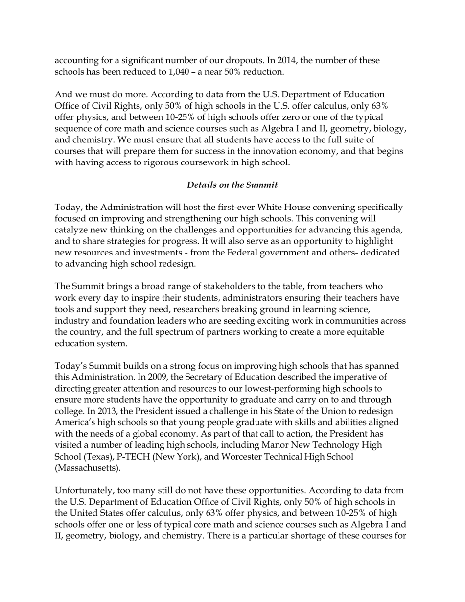 Fact Sheet: Obama Administration Announces More Than $375 Million in Public and Private Support for Next-Generation High Schools, Page 2
