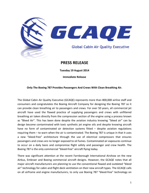 Gcaqe Press Release: Only the Boeing 787 Provides Passengers and Crews With Clean Breathing Air