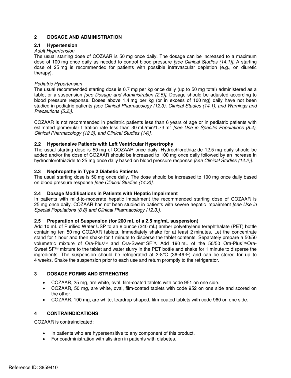 Cozaar: Highlights of Prescribing Information, Page 3