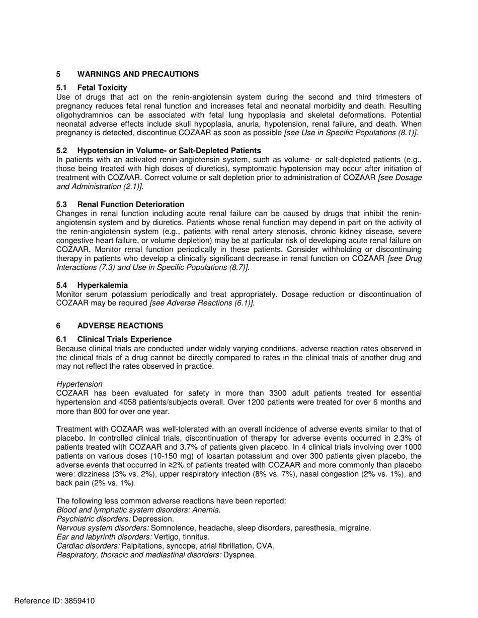 Cozaar: Highlights of Prescribing Information, Page 4