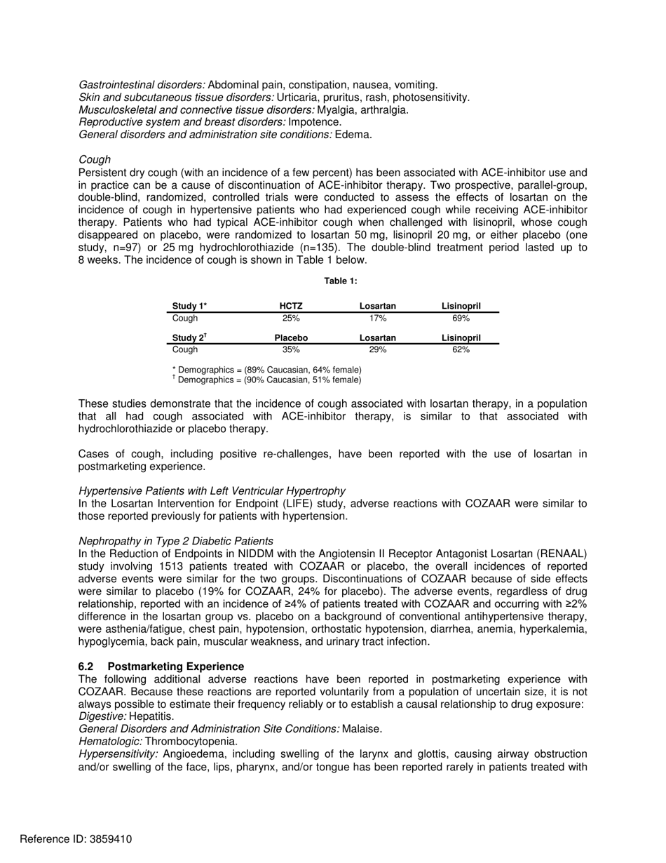 Cozaar: Highlights of Prescribing Information, Page 5