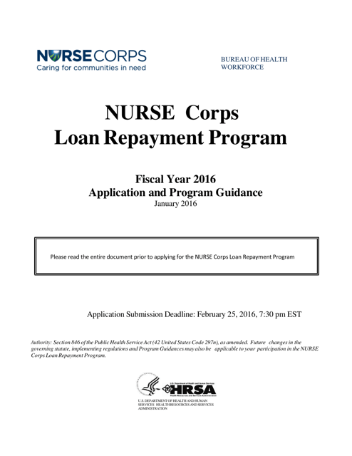 Application and Program Guidance - Nurse Corps Loan Repayment Program, 2016