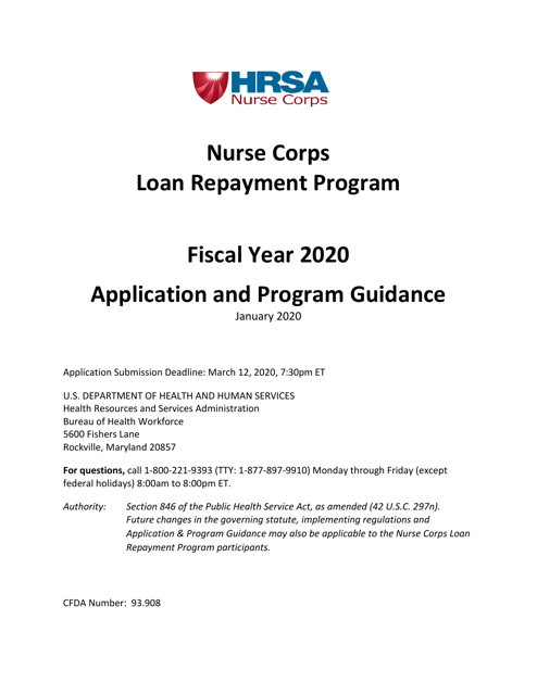 Application and Program Guidance - Nurse Corps Loan Repayment Program, 2020