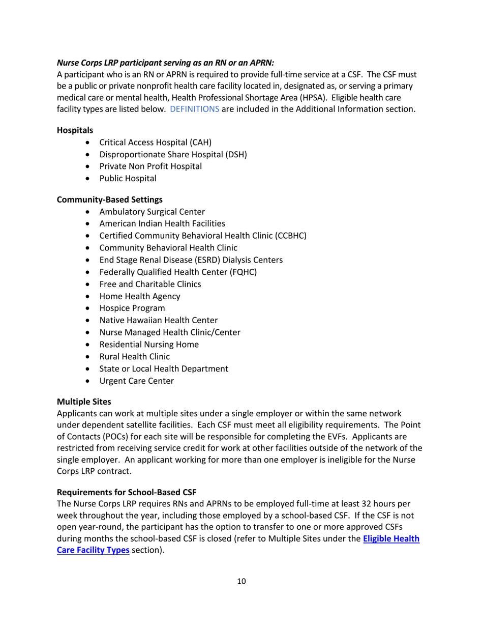 Application and Program Guidance - Nurse Corps Loan Repayment Program, Page 10