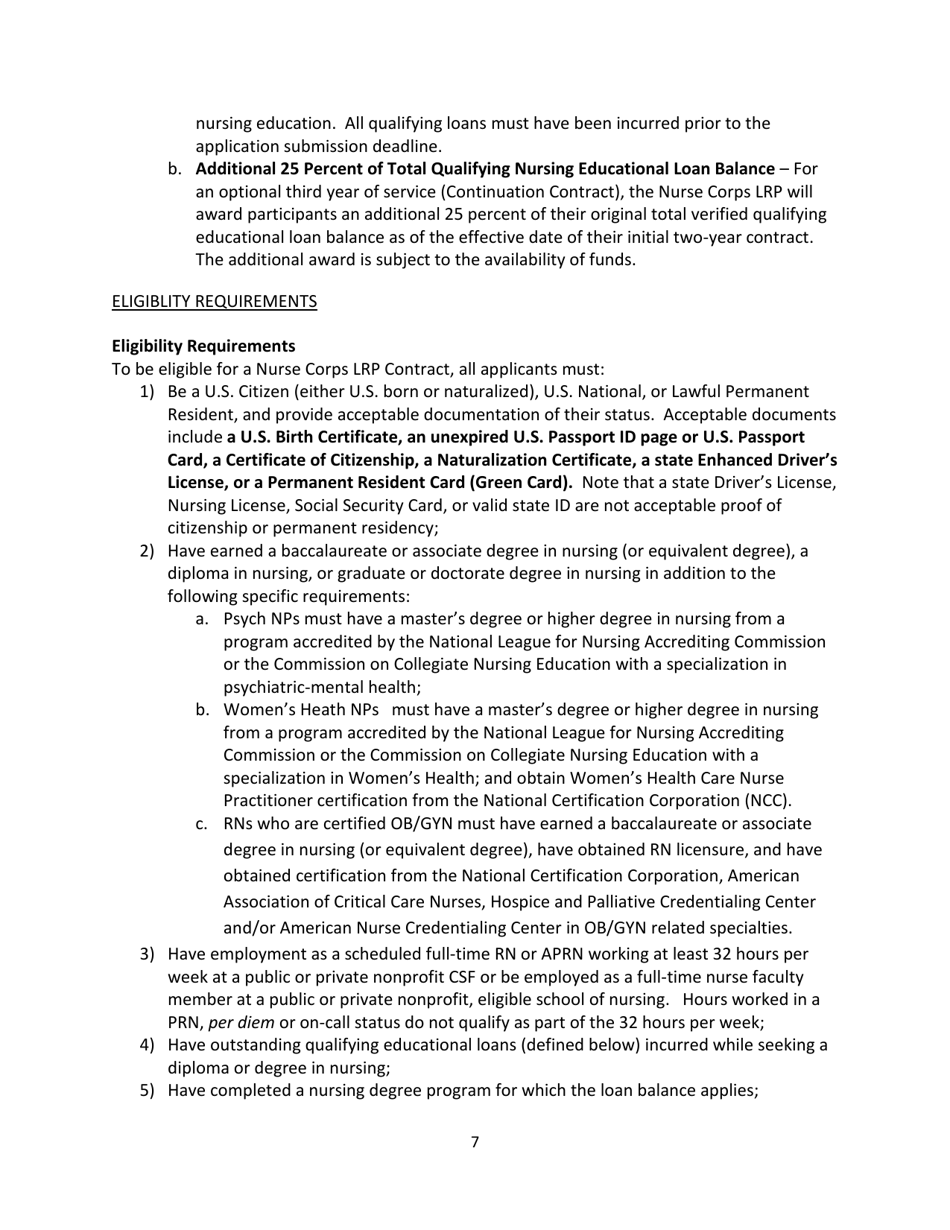 Application and Program Guidance - Nurse Corps Loan Repayment Program, Page 7