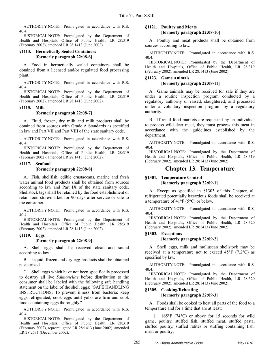 Louisiana Title 51 Public Health Sanitary Code Part Xxiii. Retail