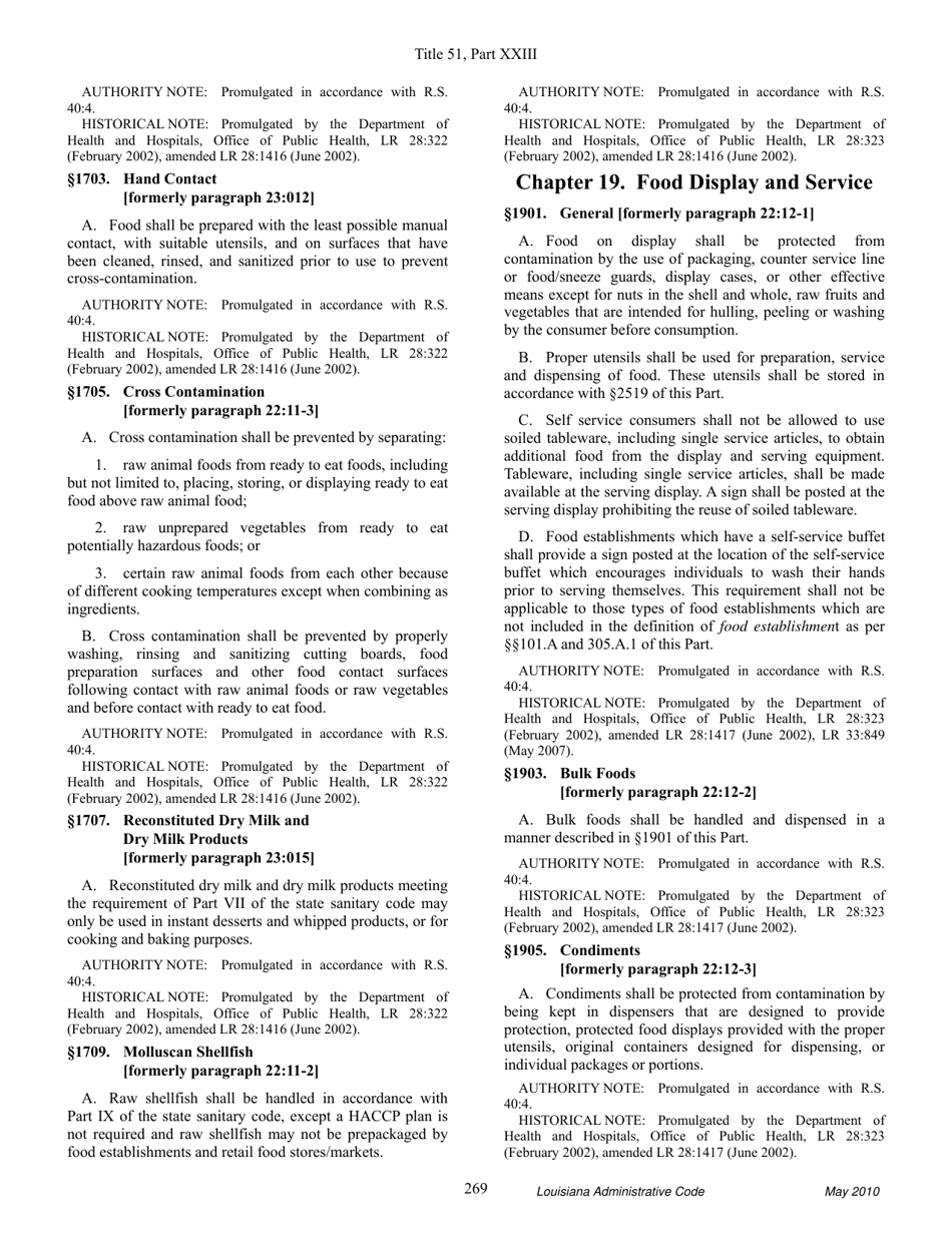 Louisiana Title 51 Public Health Sanitary Code Part Xxiii. Retail