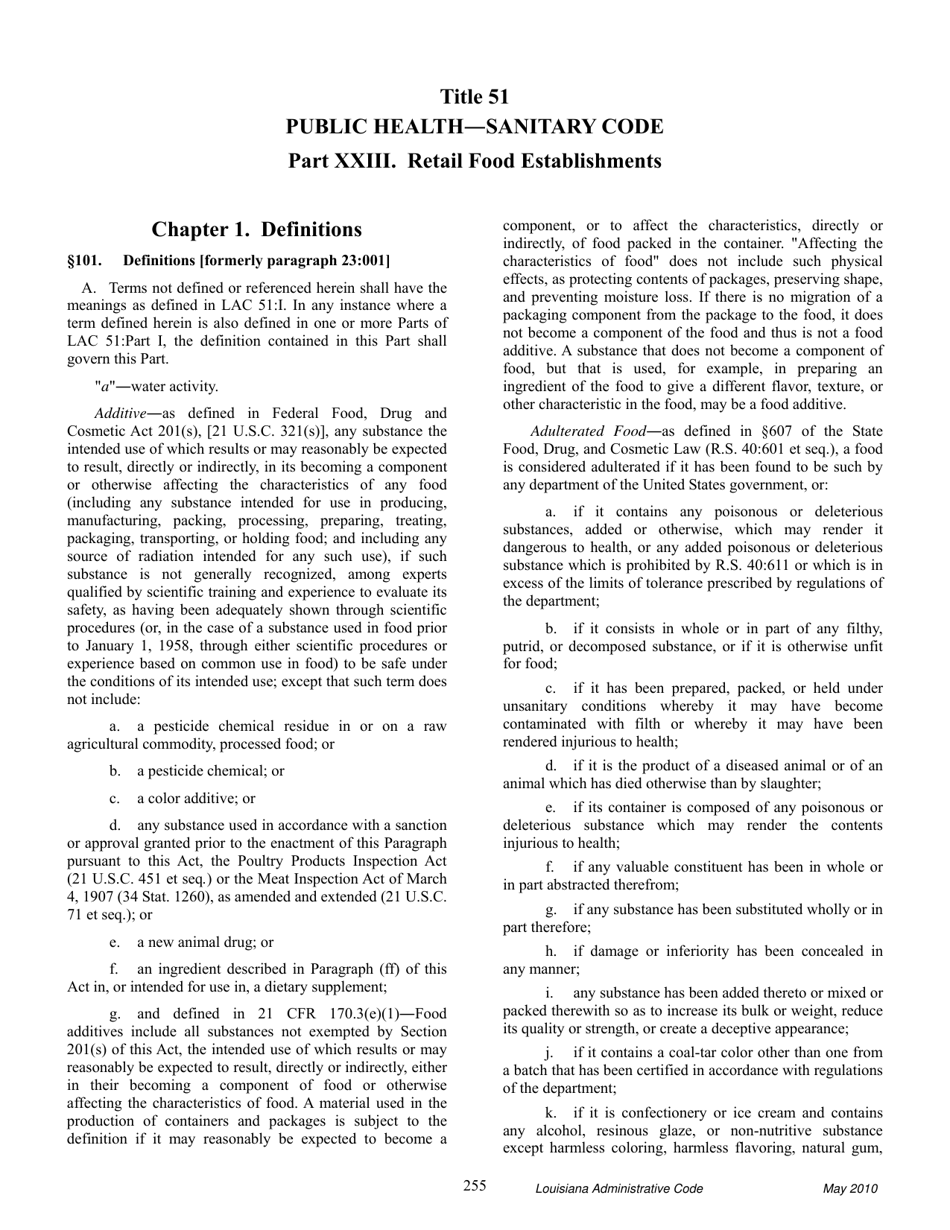 Title 51 - Public Health - Sanitary Code - Part Xxiii. Retail Food Establishments - Louisiana, Page 1