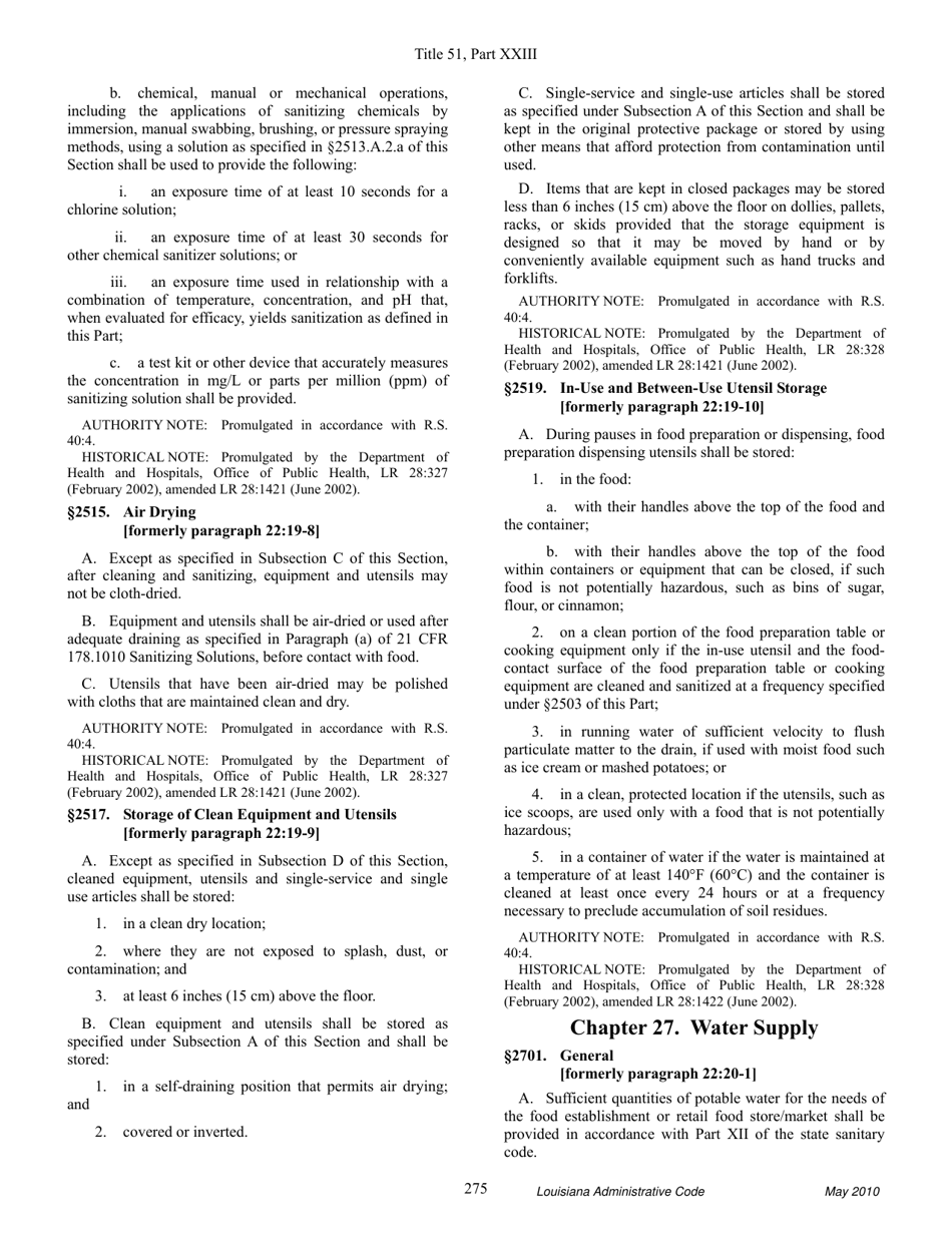 Louisiana Title 51 Public Health Sanitary Code Part Xxiii. Retail