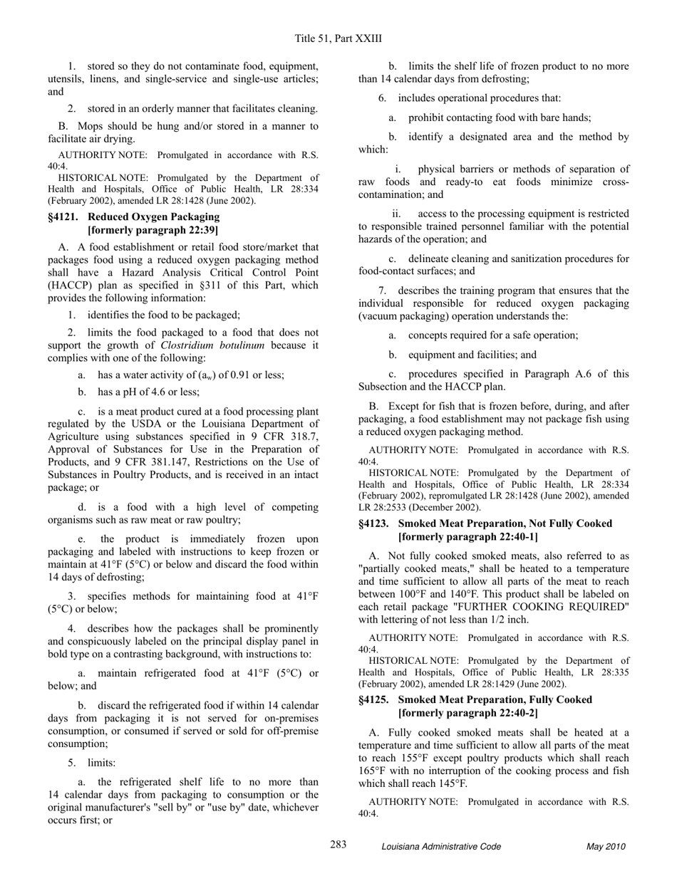 Louisiana Title 51 Public Health Sanitary Code Part Xxiii. Retail