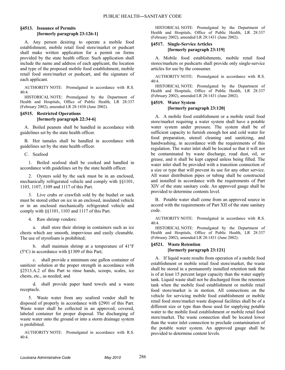 Louisiana Title 51 Public Health Sanitary Code Part Xxiii. Retail