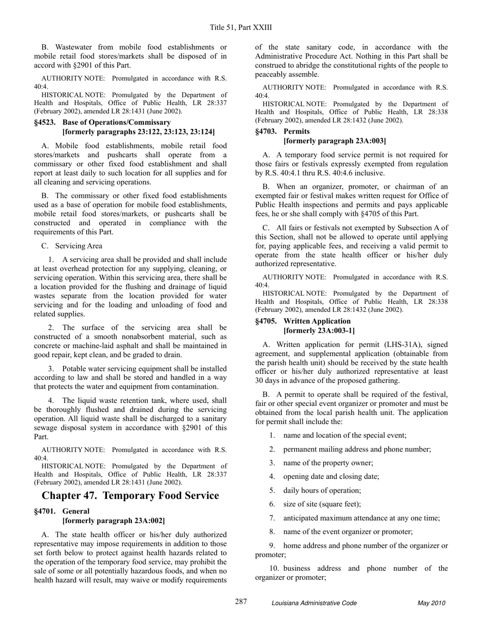 Louisiana Title 51 Public Health Sanitary Code Part Xxiii. Retail