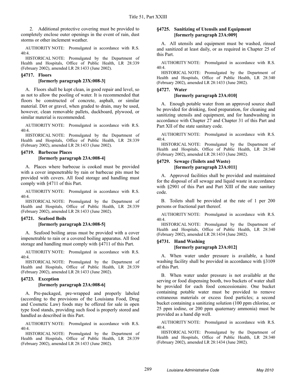 Louisiana Title 51 Public Health Sanitary Code Part Xxiii. Retail