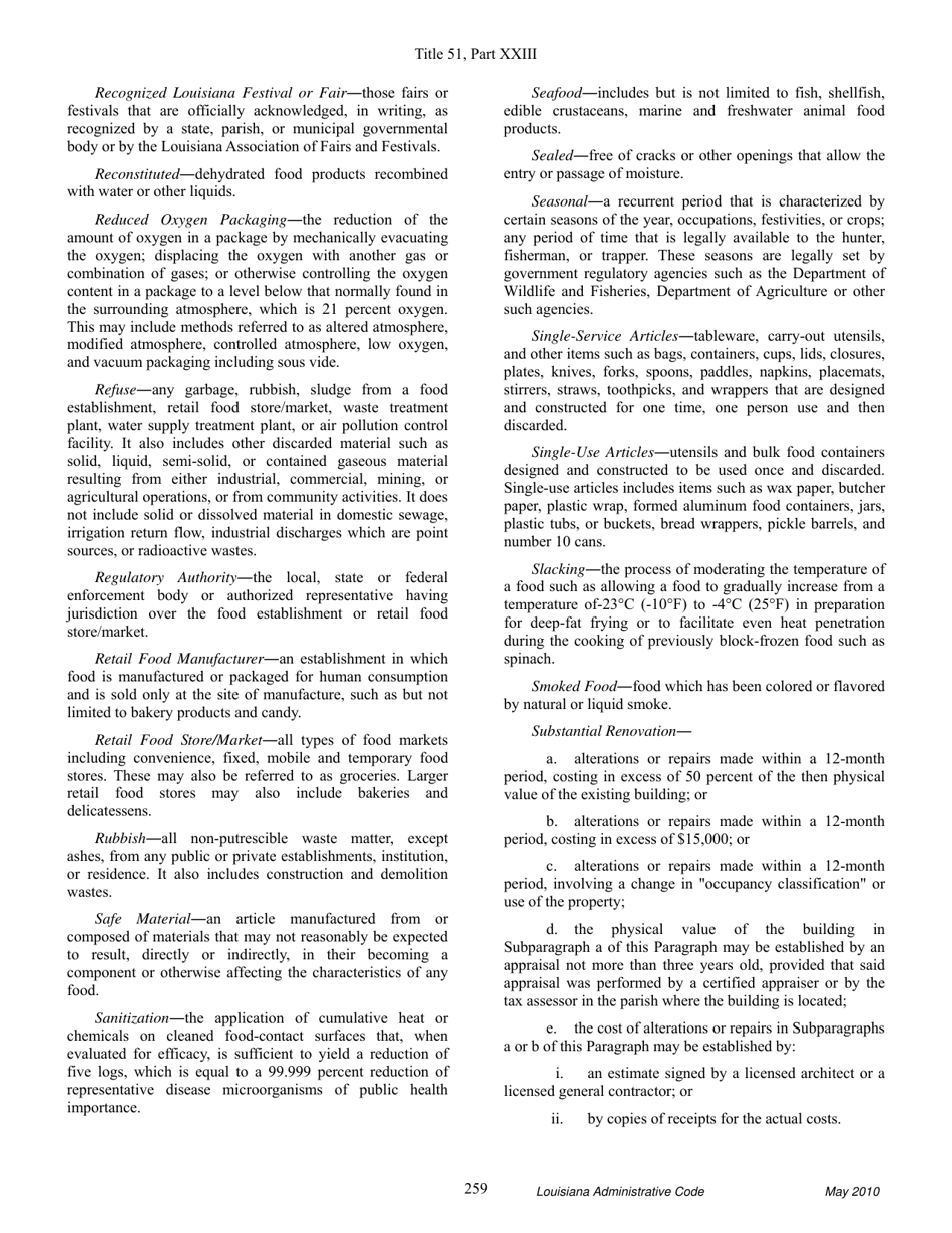 Louisiana Title 51 Public Health Sanitary Code Part Xxiii. Retail