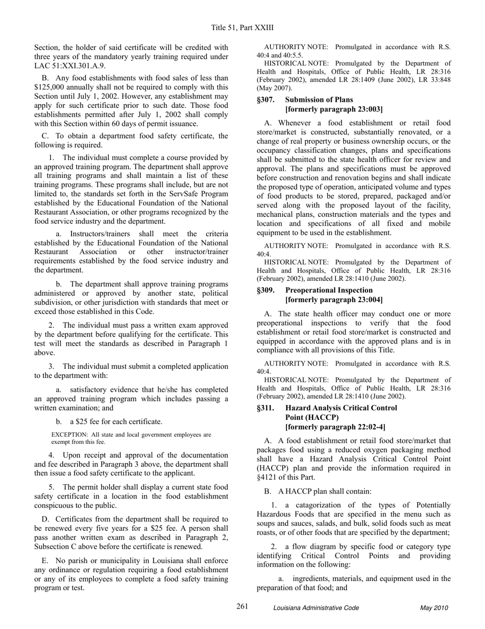 Louisiana Title 51 Public Health Sanitary Code Part Xxiii. Retail