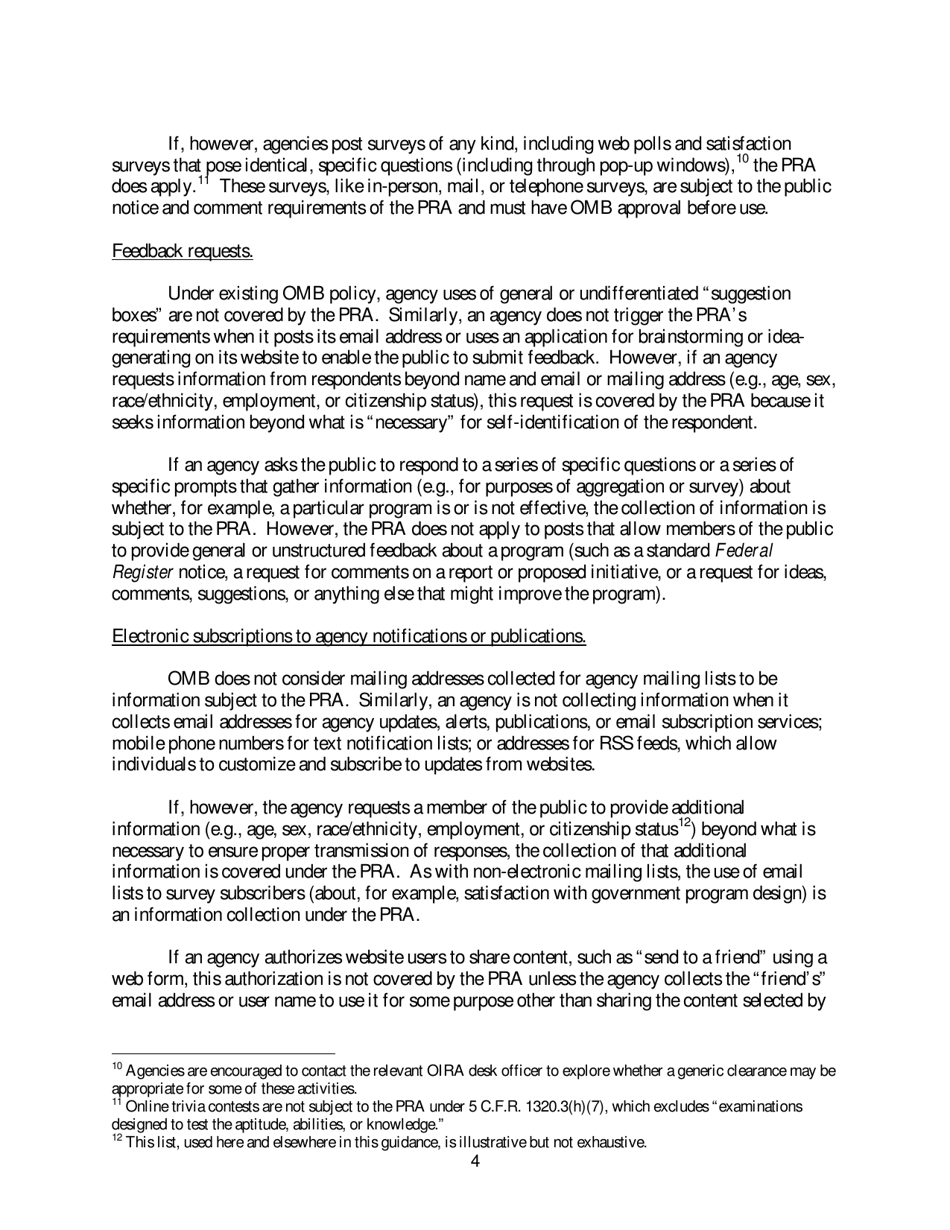 Memorandum for the Heads of Executive Departments and Agencies, and Independent Regulatory Agencies (Social Media, Web-Based Interactive Technologies, and the Paperwork Reduction Act ), Page 4