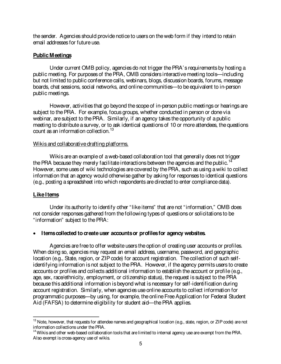 Memorandum for the Heads of Executive Departments and Agencies, and Independent Regulatory Agencies (Social Media, Web-Based Interactive Technologies, and the Paperwork Reduction Act ), Page 5