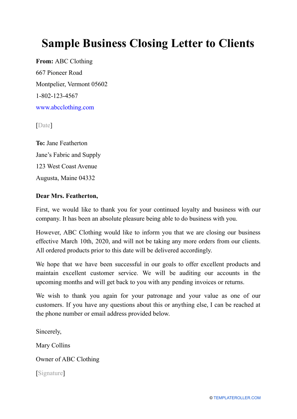 Sample Business Closing Letter to Clients, Page 1