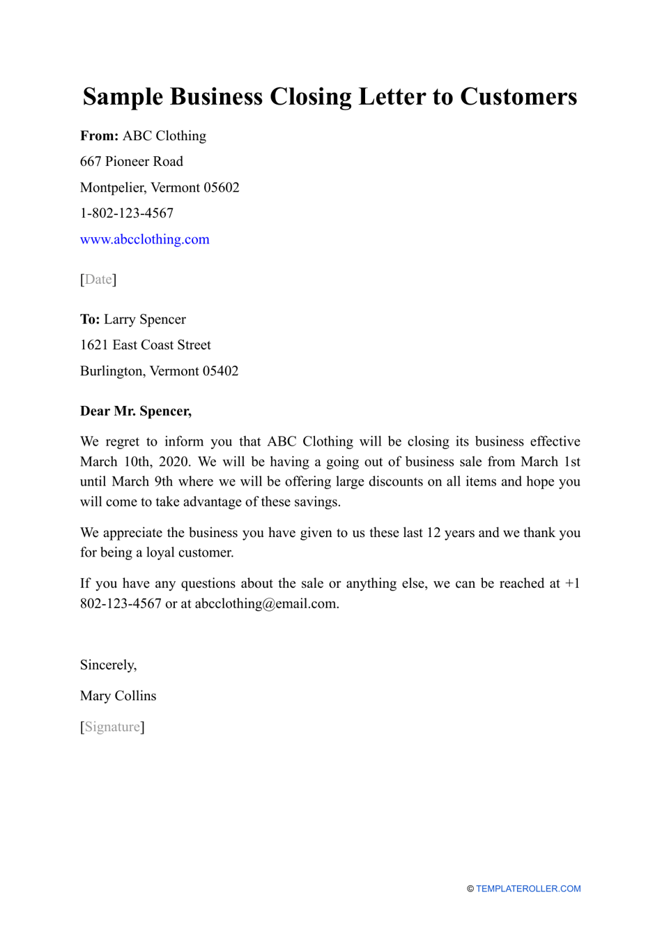Sample Business Closing Letter to Customers, Page 1