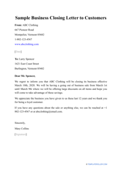 Document preview: Sample Business Closing Letter to Customers