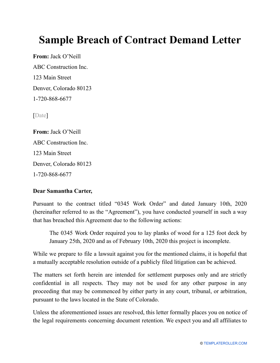 Sample Breach of Contract Demand Letter, Page 1