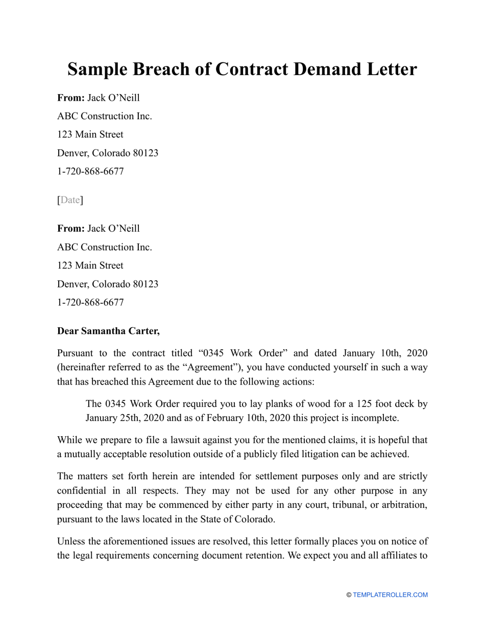 Sample Breach of Contract Demand Letter Download Printable PDF