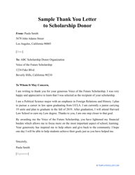 Document preview: Sample Thank You Letter to Scholarship Donor