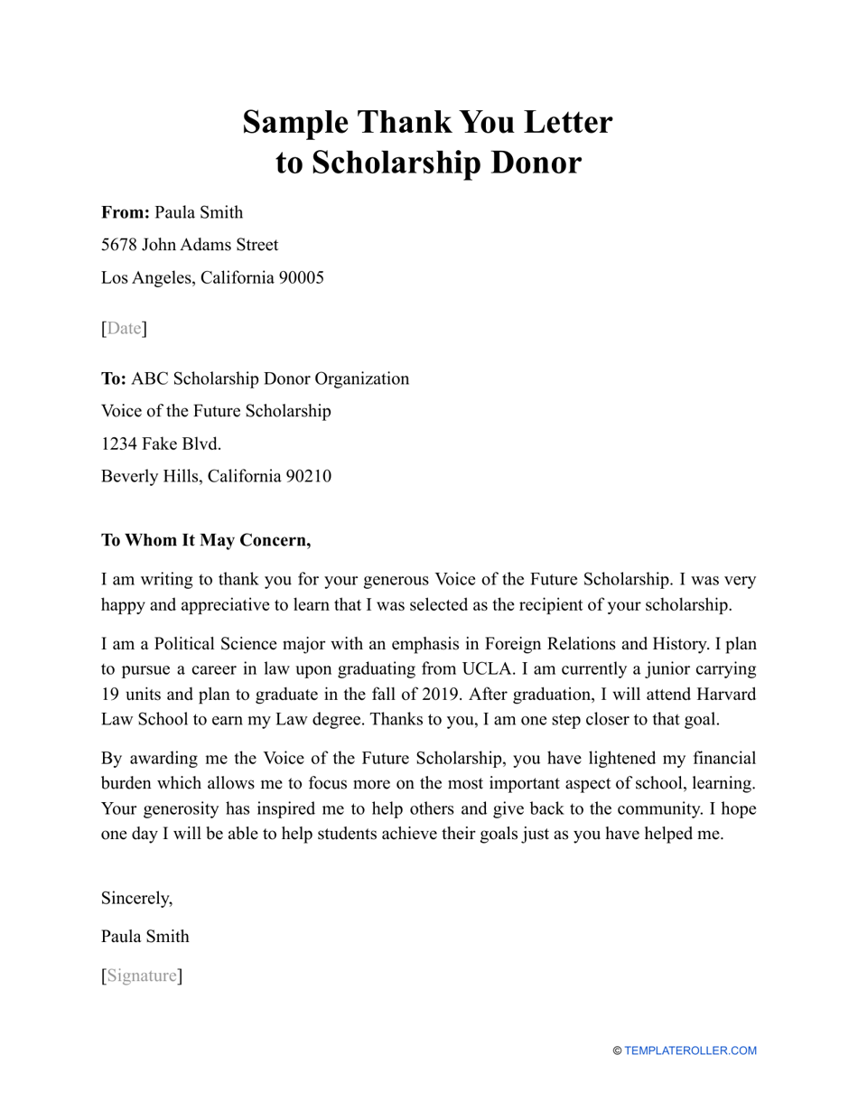 Sample Thank You Letter to Scholarship Donor Download Printable PDF