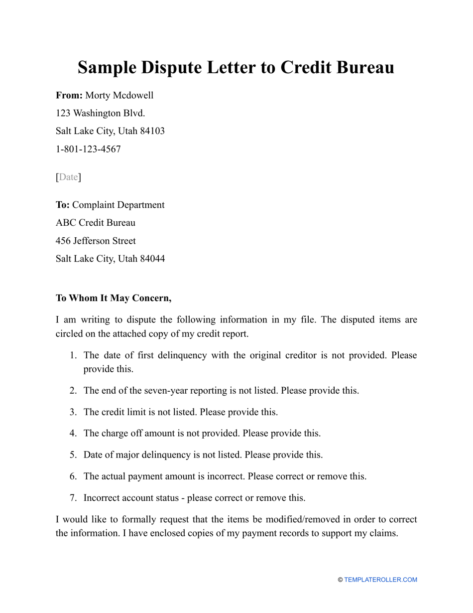 Sample Dispute Letter to Credit Bureau Download Printable PDF
