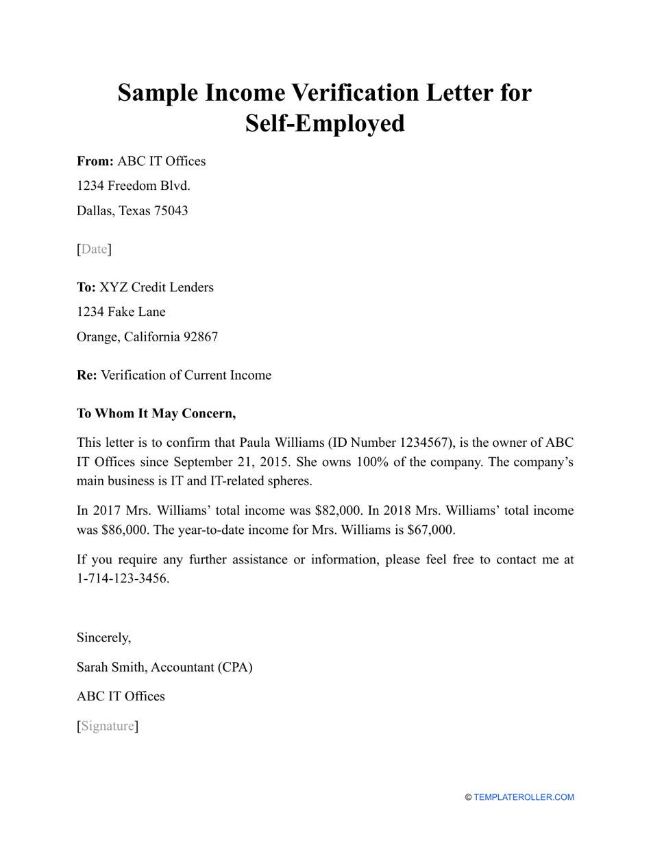 Preview of Sample Income Verification Letter for Self-employed with Details Included