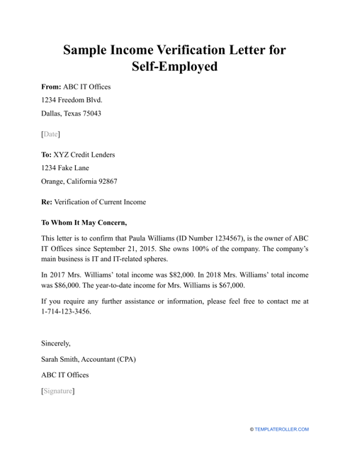Sample Income Verification Letter For Self employed Download Printable PDF Templateroller
