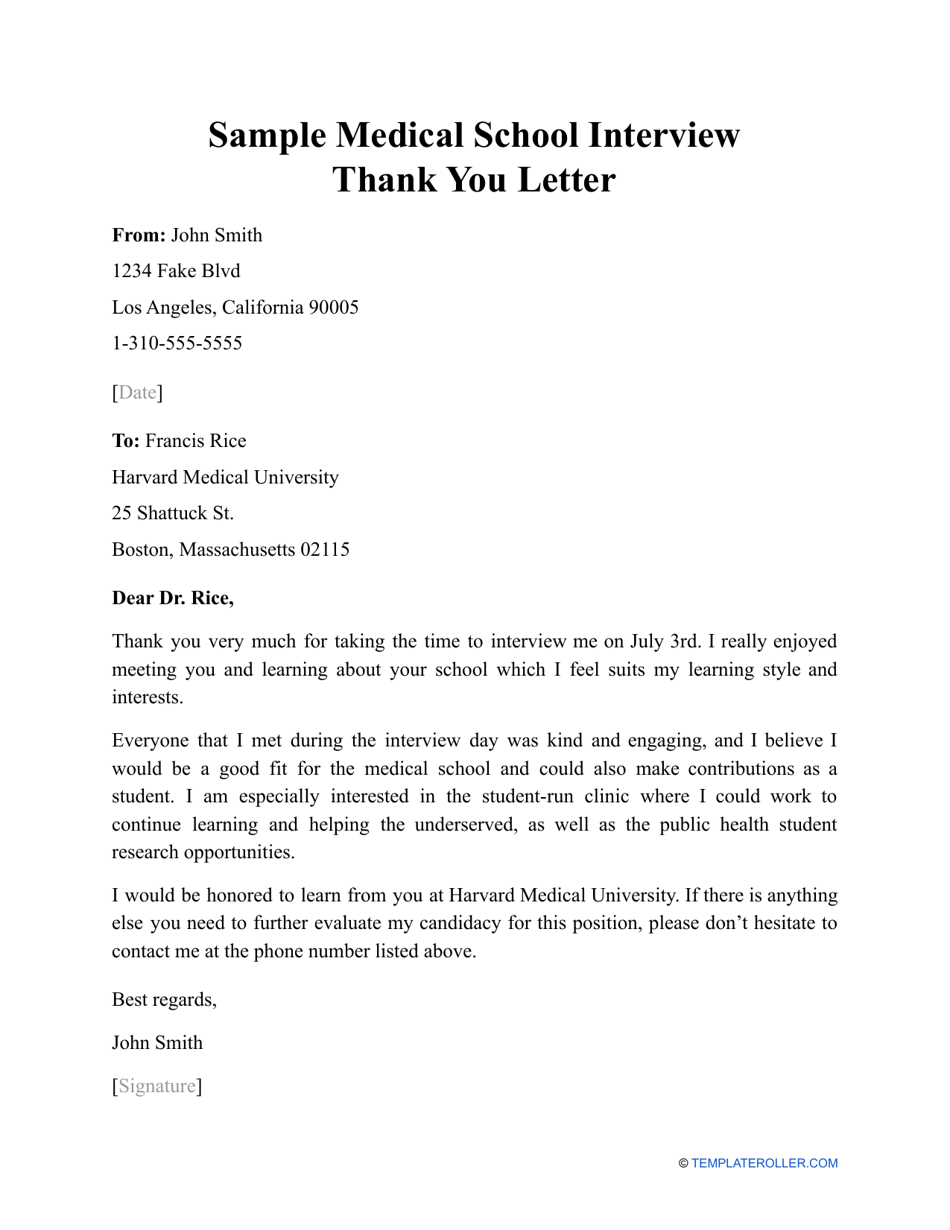 Sample Medical School Interview Thank You Letter Download Printable Pdf Templateroller