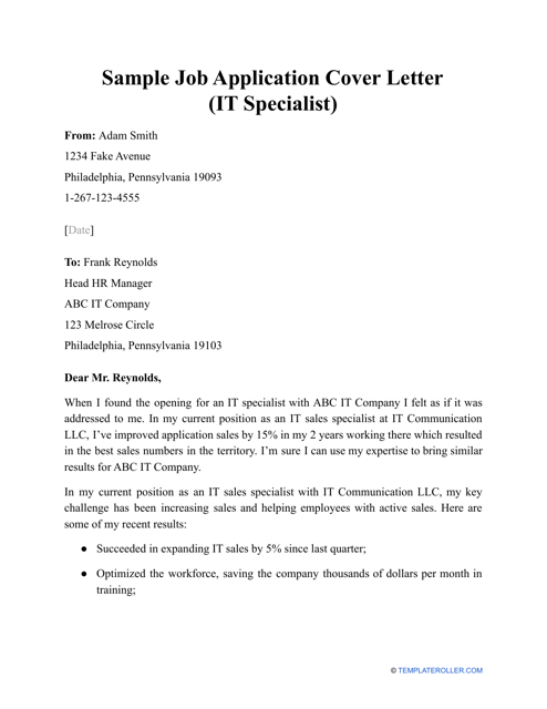 Document preview: Sample Job Application Cover Letter (It Specialist)