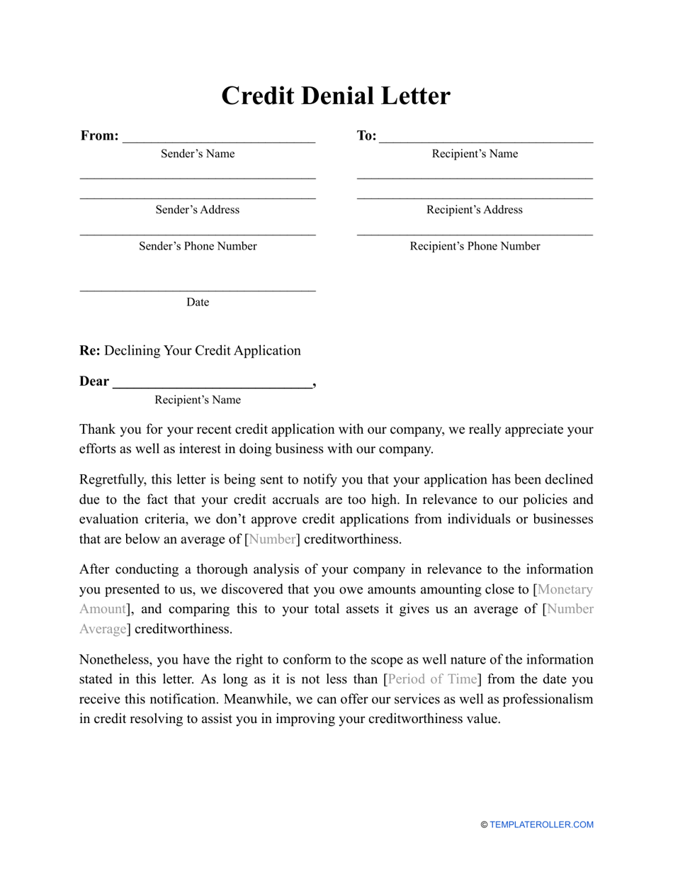 Credit Denial Letter Template preview - TD Bank
