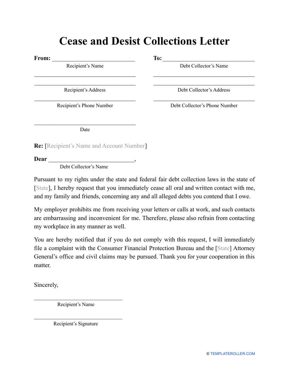 Cease and Desist Collections Letter Template, Page 1