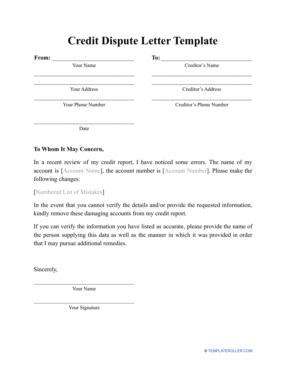 Credit Dispute Letter Template Download Printable PDF  Templateroller Intended For Credit Report Dispute Letter Template