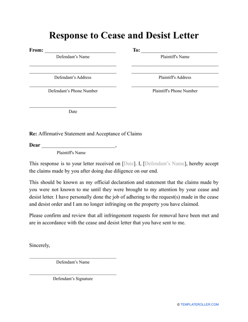 Response to Cease and Desist Letter Template - Fill Out, Sign Online ...