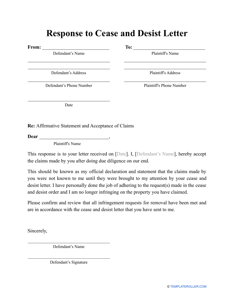 Response to Cease and Desist Letter Template Download Printable PDF