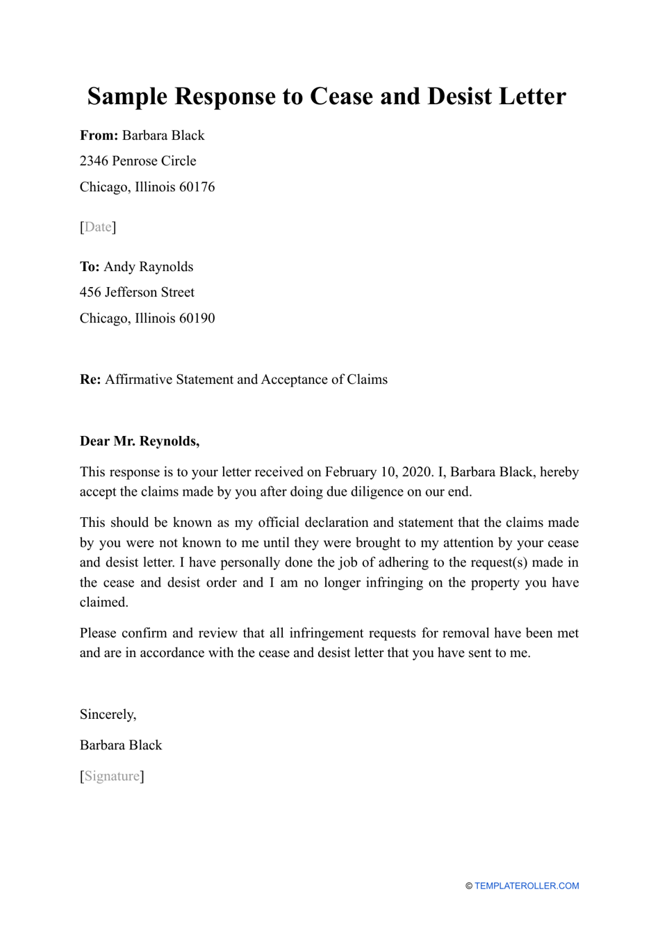 Sample Response to Cease and Desist Letter, Page 1