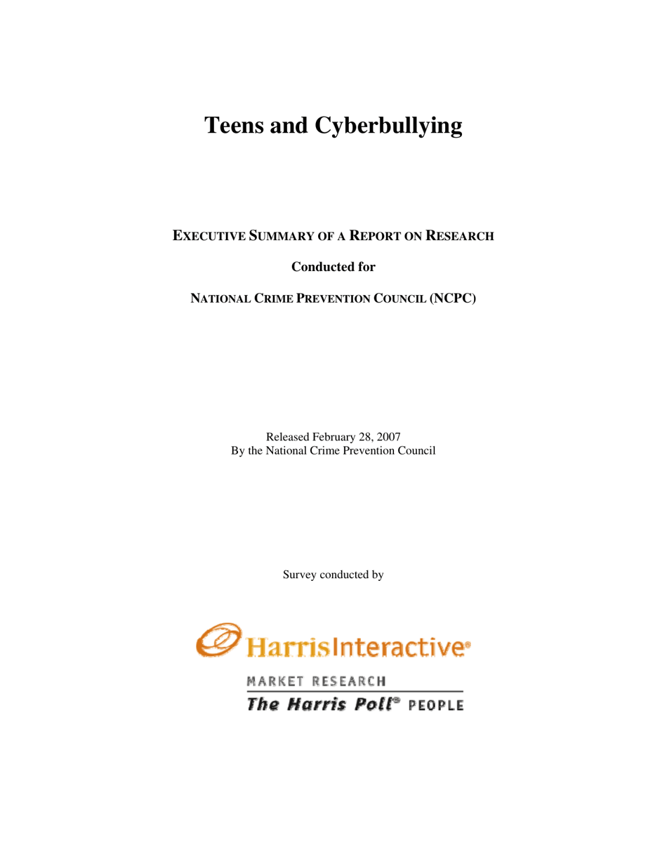 Teens and Cyberbullying: Executive Summary of a Report on Research - National Crime Prevention Council, Page 1