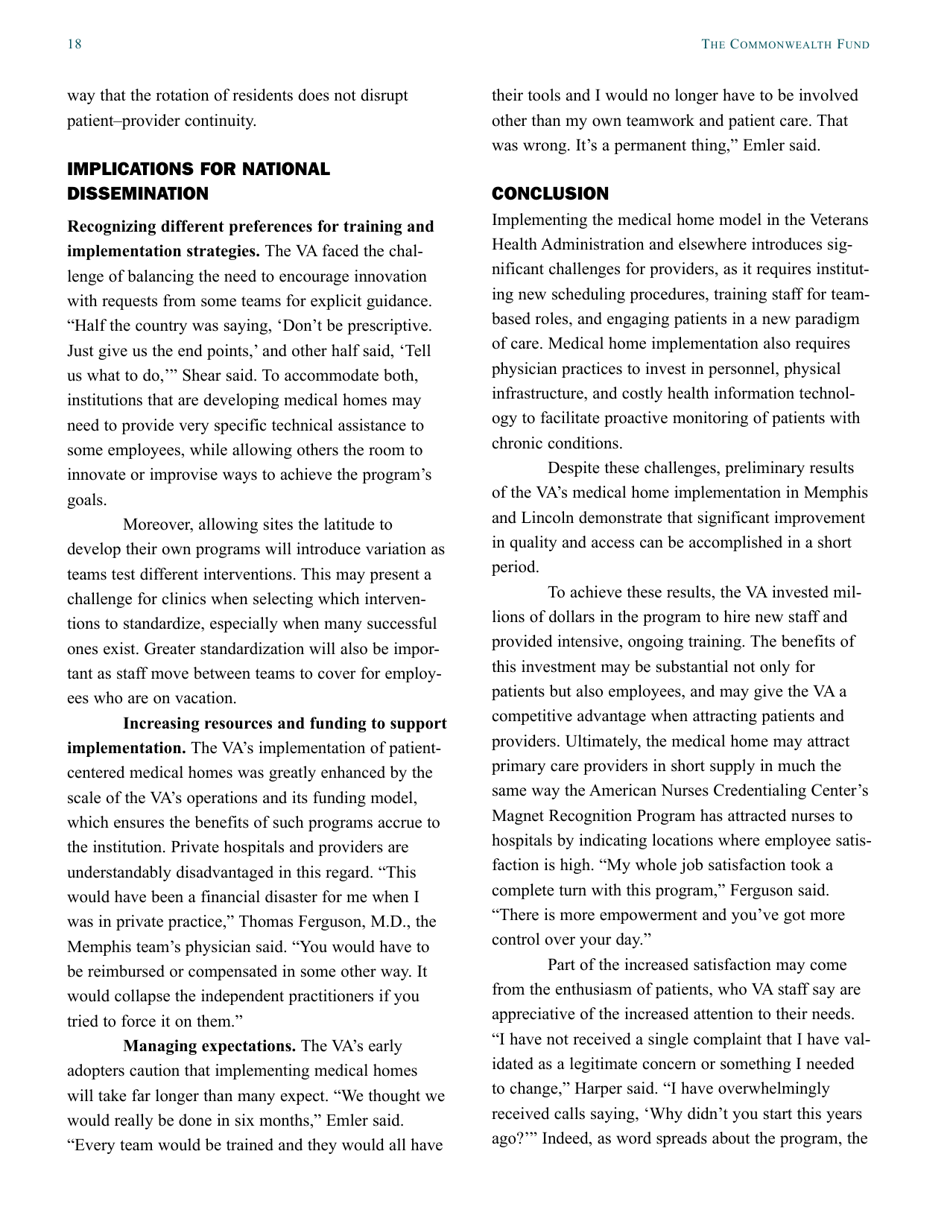 The Veterans Health Administration: Implementing Patient-Centered Medical Homes in the Nations Largest Integrated Delivery System - the Commonwealth Fund Case Study, Page 18