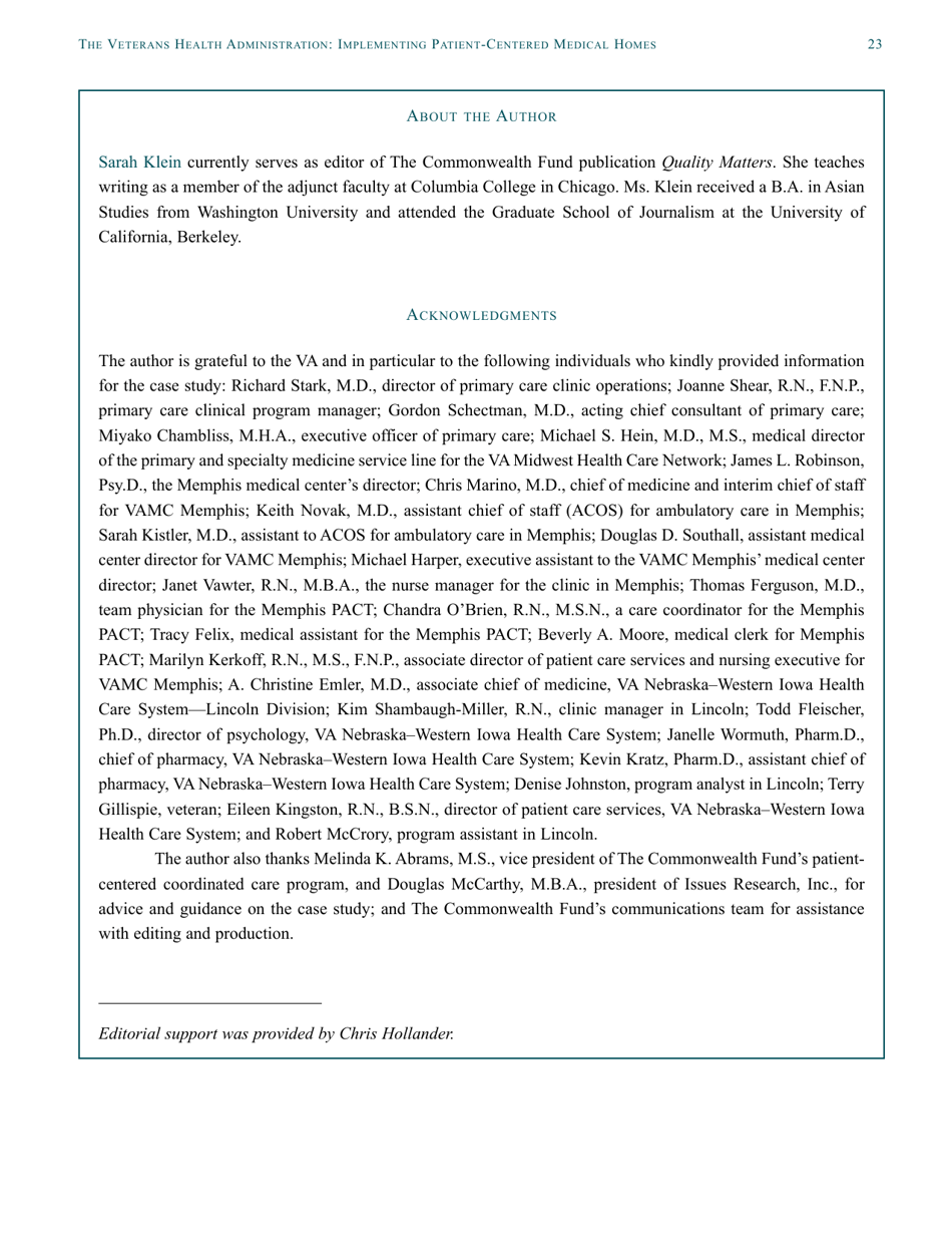 The Veterans Health Administration: Implementing Patient-Centered Medical Homes in the Nations Largest Integrated Delivery System - the Commonwealth Fund Case Study, Page 23